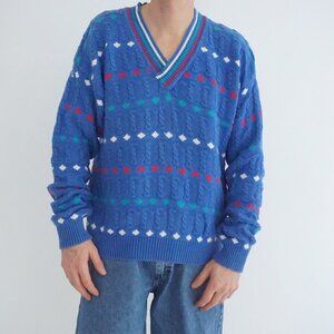 Vintage Izod Blue Cotton Patterned V Neck Sweater Eclectic Grandpa Preppycore XL